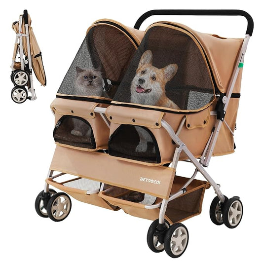 Double Pet Stroller for 2 Small Dogs & Cats, Side-by-Side Twin Travel Carriage with Safety Leashes, Mesh Windows & Double Storage Baskets, Lightweight & Foldable, 44lbs Capacity, Khaki