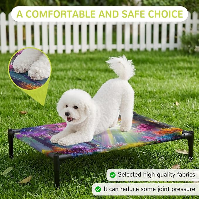 Outdoor Elevated Dog Bed for Medium Dogs, Spring Tree Breathable Cooling Raised Dog Cot for Indoor/Outdoor, Forest Sunbeams Floral Botanical Waterproof Elevated Pet Beds, M 24 x 20 in
