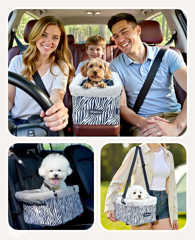 BurgeonNest Center Console Dog Car Seat for Small Dogs up to 9 lbs Cute Zebra Print