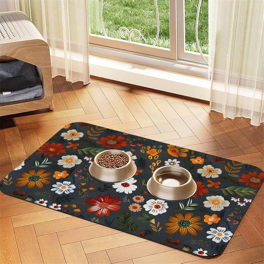 Flower Berries Dog Food Mat Absorbent Bowl Mats No Stains Quick Dry Waterproof Pet Cat Placemats for Food and Water, 30x45cm