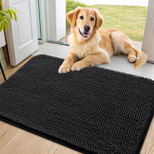Smiry Dog Door Mat for Muddy Paws 36x24, Absorbs Moisture and Dirt Doormat, Non-Slip Washable Quick Dry Chenille Front Door Mat Indoor Entrance, Entryway Carpet for Inside Floor, Black