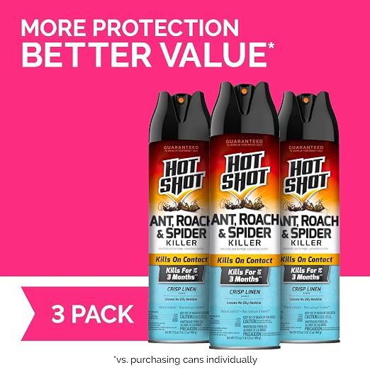 Hot Shot Ant, Roach and Spider Killer, 17.5 Ounces, Crisp Linen Scent Formula Kills Ants, Roaches, Spiders and Other Listed Insects On Contact, 3 Pack