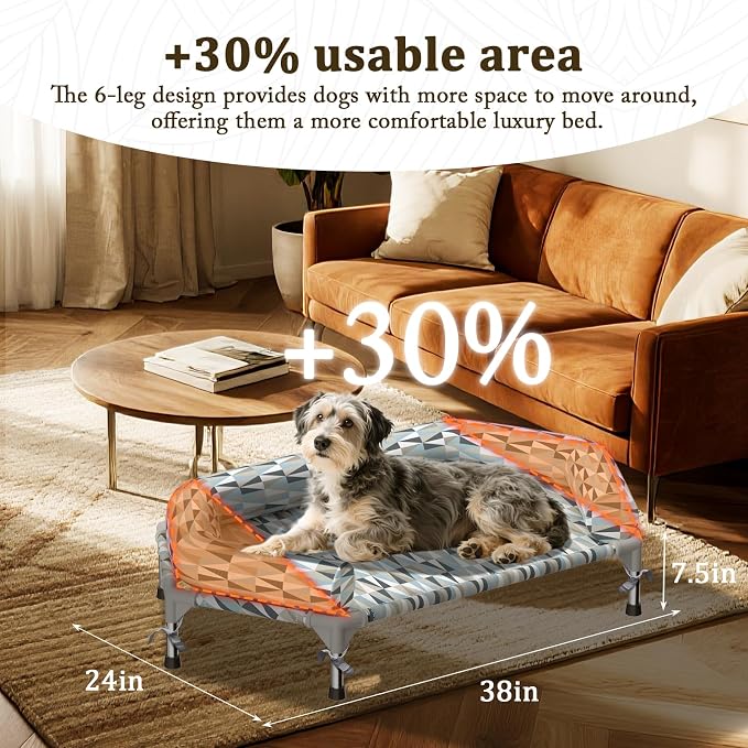 Elevated Dog Bed with Bolster, Raised Cooling Orthopedic Dogs Cot Medium | Hexagon Outdoor Dog Bed with Metal Frame for Up to 80 lbs, Portable Dog Hammock for Patio Camping, Breathable, Off the Ground