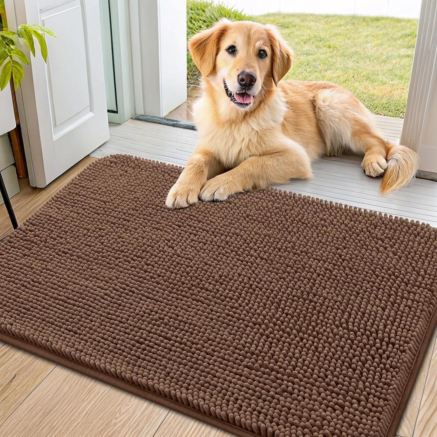 Smiry Dog Door Mat for Muddy Paws 36x24, Absorbs Moisture and Dirt Doormat, Non-Slip Washable Quick Dry Chenille Front Door Mat Indoor Entrance, Entryway Carpet for Inside Floor, Mocha