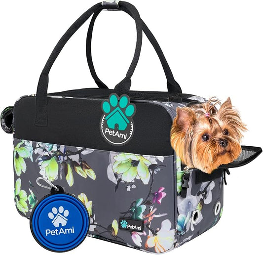 PetAmi Dog Purse Carrier for Small Dogs Cats, TSA Airline Approved Soft-Sided Pet Carrier with Pockets, Ventilated Travel Tote Bag with Bed & Shoulder Strap, Puppy Kitten, Max 12 lbs, Floral Gray