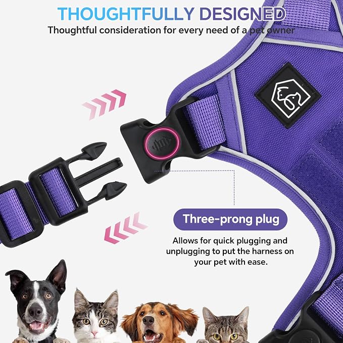 Heavy Duty Tactical Dog Harness for Medium Dogs, No Pull Dog Harness with Handle & Front Clip, Reflective Soft Padded, Hook and Loop Panel, Dog Vest for Walking, Service Training, Purple