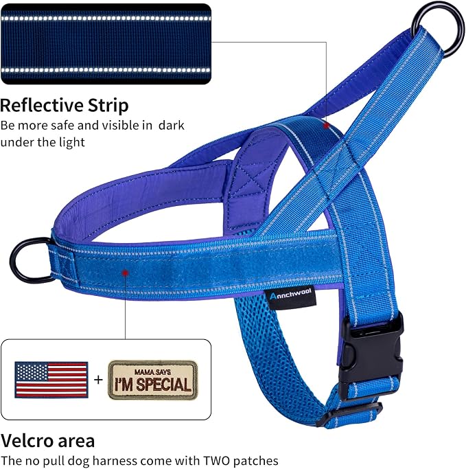 Annchwool No Pull Dog Harness with Soft Padded Handle-Reflective Strip Escape Proof and Quick Fit to Adjust Dog Harness-Easy for Training Walking for Small & Medium and Large Dogs(Blue,XS,1 in Width)