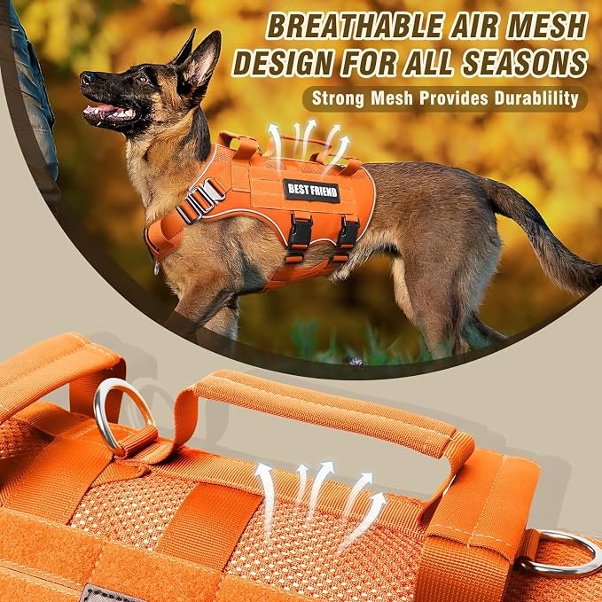 Air Mesh Tactical Dog Harness with Metal Buckles&MOLLE,Orange XL | Breathable Adjustable No Pull Service Dog Vest with 3 Padded Handles,Military Dog Harness for Training Hiking Hunting Working