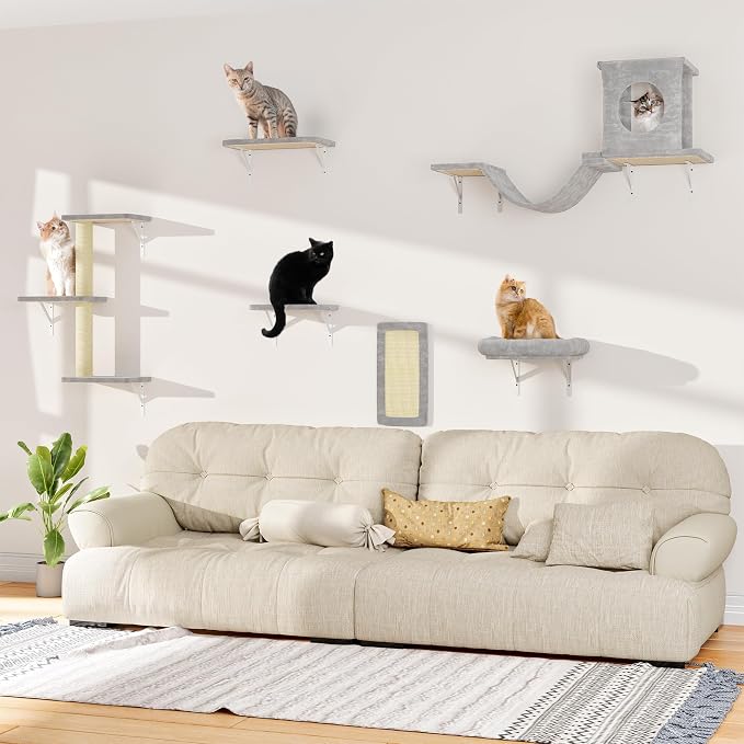 6-in-1 Cat Wall Shelves, Wall Mounted Cat Climber with Condo House, Scratching Post, Bridge Ladder, Space-Saving Indoor Play Furniture for Kittens, Grey