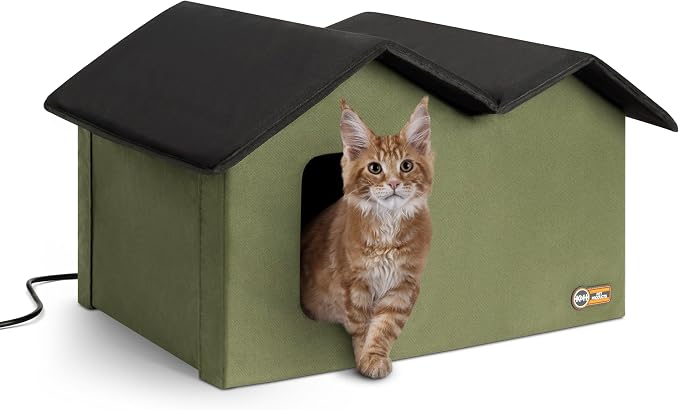 K&H Heated Cat House, Outdoor Extra-Wide Kitty House, Safety Listed, 20W | Heated Cat House for Outside, Weatherproof Shelter for Ferals, Insulated Shelter, 2 Doors, Waterproof Kitty Bed, Olive