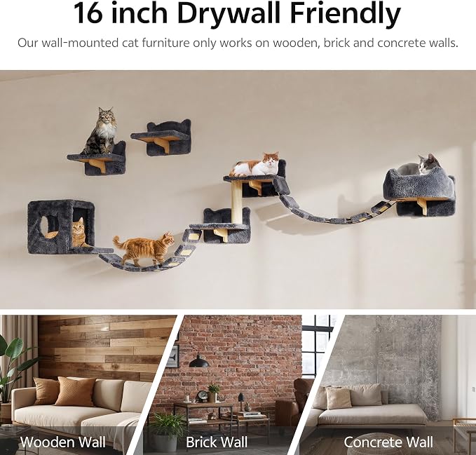 9-in-1 Cat Wall Shelves, Cat Wall Furniture Set with Bridge, Grey | Wall Mounted Cats Shelf for Space-Saving, Multi-Level Cat Climbing Systems for 16 Inch Drywall, with Scratching Posts, Condos
