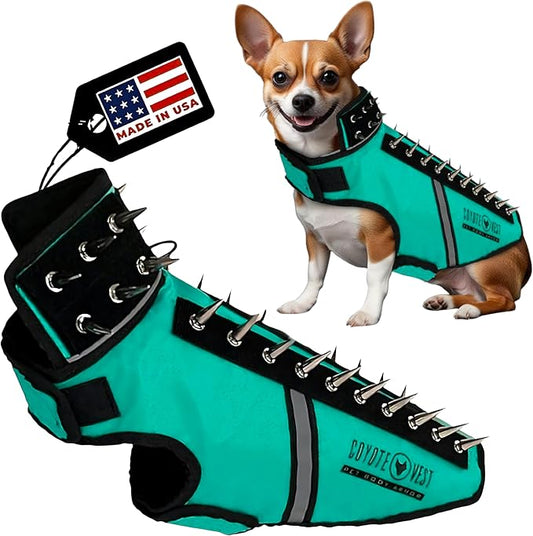CoyoteVest SpikeVest Dog Harness, Made in the USA, S-Turquoise | Stab-Resistant Protective Vest | Coyote Vest for Dogs | Defends Against Coyotes, Dogs, Birds of Prey | Reflective Safety