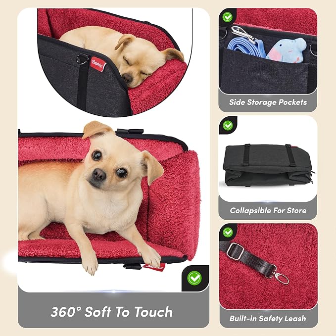 BurgeonNest Center Console Dog Car Seat for Small Pets to 11lbs, Red | Anti-collapse armrest Console seat with washable fluffy cushion, pillow & tether for stable, cozy pet travel trips.