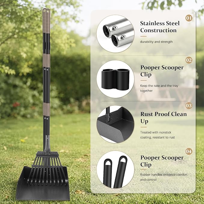 Pooper Scooper for Large Dogs, Metal Poop Scooper with Rake,Tray for Yard | Extra Large Pan, Long Handle, No Bending, Heavy Duty Stainless Steel, Rust Proof, Perfect for Seniors Pet Owner Multiple Dog
