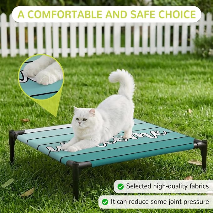 Outdoor Elevated Dog Bed for Small Dogs, Teal Green Wooden Grain Breathable Cooling Raised Dog Cot for Indoor/Outdoor, Gradient Farmhouse Wood Plank Waterproof Elevated Pet Beds, S 20 x 20 in