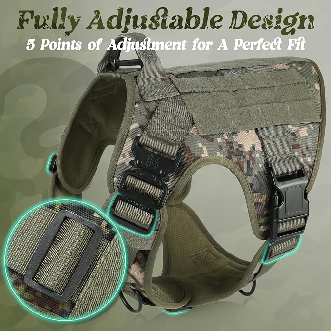 rabbitgoo Tactical Dog Harness for Small, Heavy Duty Military No Pull Vest | Sturdy Metal Buckles, 5 Adjustments, Molle System, Powerful Pullers for Training, Hunting, Outdoor, Green Camo, Small