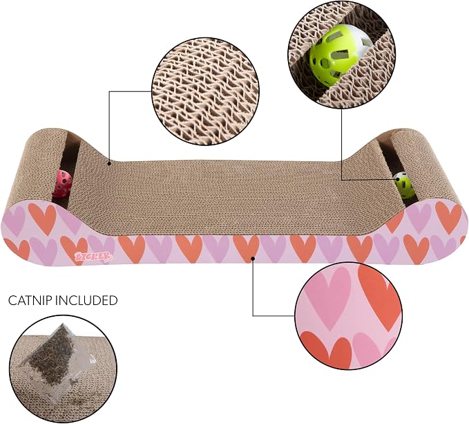 Rini 23.75" Modern Corrugated Cardboard Lounge Bed with Built-in Bell Toys and Catnip, Ergonomic Curved Sofa Scratcher for Indoor Cats, Pink/Red, (Set of 2) CSR1003D-SET2