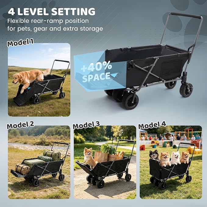 REDCAMP Folding Dog Wagon for Large Dogs, 150lbs Dog Stroller with 6 Wheels | Collapsible Utility Cart with 17.3" Extendable Ramp for 2 Medium Dogs, 6 All-Terrain Wheels with Brake for Senior Pet, Black