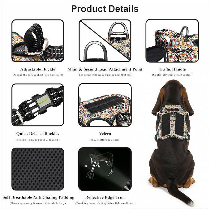 Homapet. Tactical Dog Harness with Dual Leash Attachment Points, Adjustable and Reflective Military Grade Dog Vest with Comfort Control Handle (Floral, L)