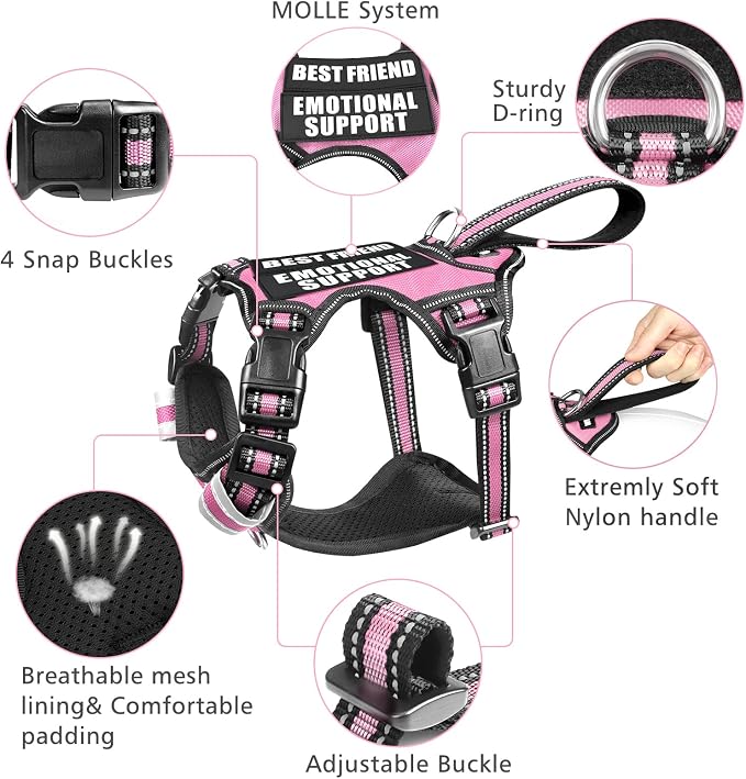 Service Dog Vest No Pull Dog Harness with 7 Dog Patches, Reflective Pet Harness with Durable Soft Padded Handle for Training Small, Medium, Large, and Extra-Large Dogs (Medium, Pink)