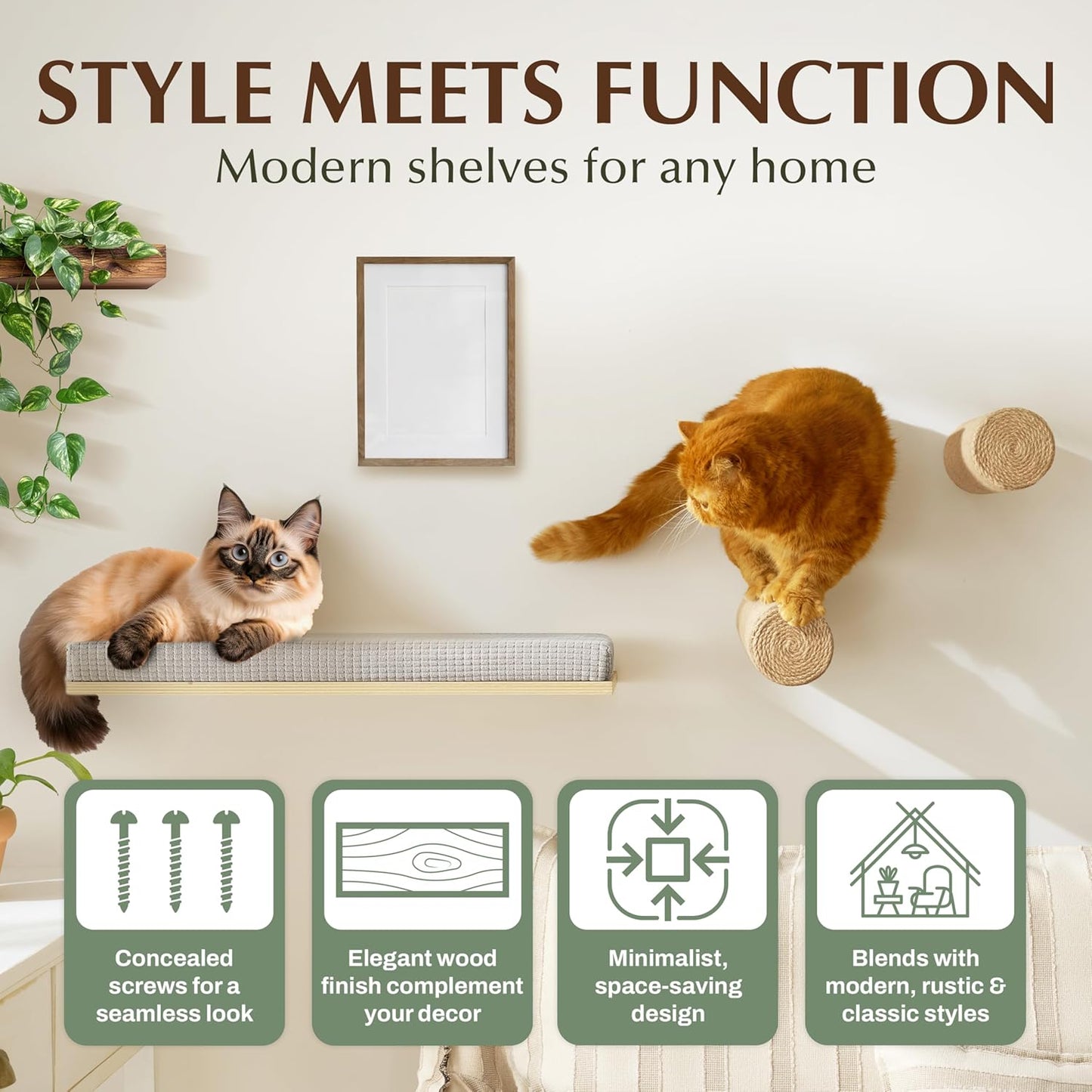 Extra Large 23.6”x12.6” CALLICO HAVEN- Stylish Cat Wall Shelves with Cushion, Modern Wall-Mounted Cat Tree Furniture, Window Cat Shelf & Perch, Sturdy/Hidden Mounts, Washable Cover - Flat Shape