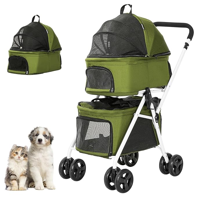 Double Dog Stroller with 2 Detachable Carrier, Portable Pet Stroller for Small Dogs & Cats Folding Lightweight Puppy Travel Carriage, 4 Wheels, Olive Green