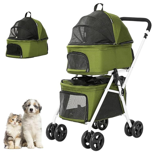 Double Dog Stroller with 2 Detachable Carrier, Portable Pet Stroller for Small Dogs & Cats Folding Lightweight Puppy Travel Carriage, 4 Wheels, Olive Green