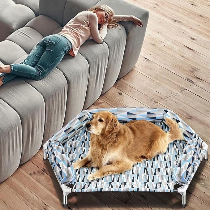 Elevated Dog Bed with Bolster, Raised Cooling Orthopedic Dogs Cot X-Large | Hexagon Outdoor Dog Bed with Metal Frame for Up to 130 lbs, Portable Dog Hammock for Patio Camping, Breathable Off the Ground