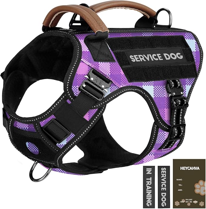 Tactical Dog Harness - HEYCAHVA Service Dog Vest Full Metal Buckles for Medium Large Dog Reflective No Pull Harnesses Vest with Leather Handle, Hook & Loop for Training (Purple, XL)