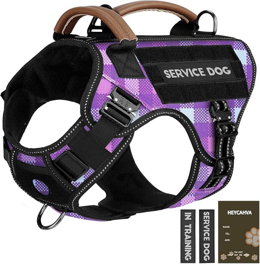 Tactical Dog Harness - HEYCAHVA Service Dog Vest Full Metal Buckles for Medium Large Dog Reflective No Pull Harnesses Vest with Leather Handle, Hook & Loop for Training (Purple, XL)