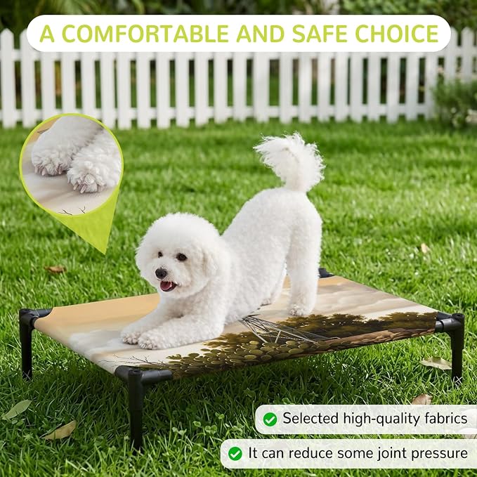 Outdoor Elevated Dog Bed for Medium Dogs, Windmill Breathable Cooling Raised Dog Cot for Indoor/Outdoor, Sunset Horizon Farmhouse Trees Waterproof Elevated Pet Beds, M 24 x 20 in