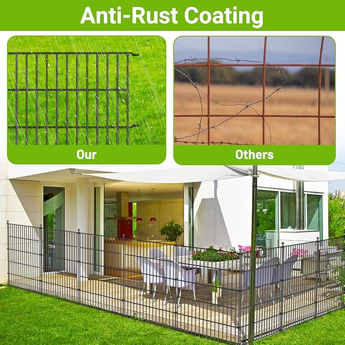10 Panels No Dig Decorative Outdoor Garden Fence with Gate for Yard, 48 in(H) X 26.25ft(L) Animal Barrier Fencing Rustproof Metal Wire Panel Border for Dog, Rabbits, and Patio Temporary Ground Stakes