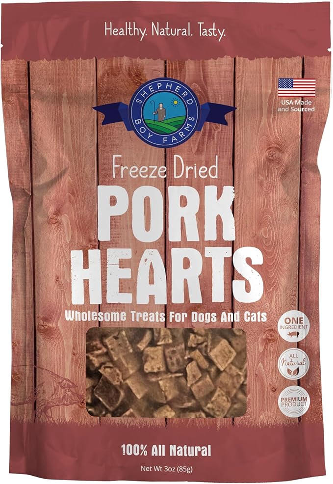 Shepherd Boy Farms Freeze Dried Dog and Cat Treats, Pork Heart, All Natural Single Ingredient Freeze-Dried Dog Treat & Snacks, Made in USA, High Protein, Essential Nutrition of Raw Food, 3oz