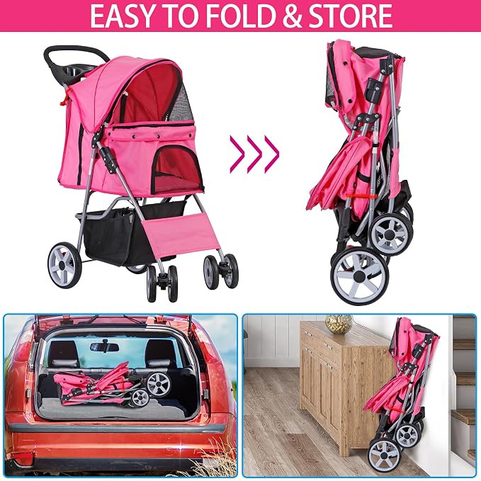Pet Stroller for Medium Small Dogs - Easy to Walk Folding Travel Carrier Strolling Cart with Cup Holder, Weather Cover and Storage Basket (Pink)