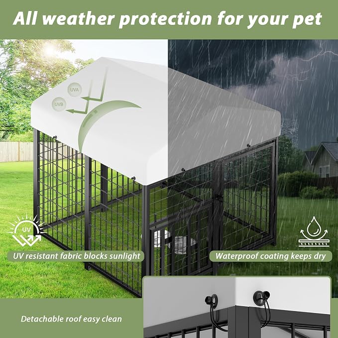 LOVMOR 4' x 4' Outdoor Dog Kennel with Roof for Large Dogs | Heavy duty steel frame, waterproof canopy, double latch door, adjustable feeding bowls for yards and patios