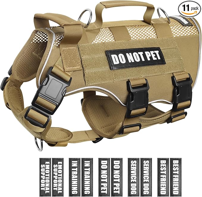 Tactical Molle Vest Mesh Dog Harness with 10 Removale Pet Patches | Breathable Service Dog harness with Double Soft Padded Handle for Medium Dog, Reflective Military Pet Vest for Walk Hiking