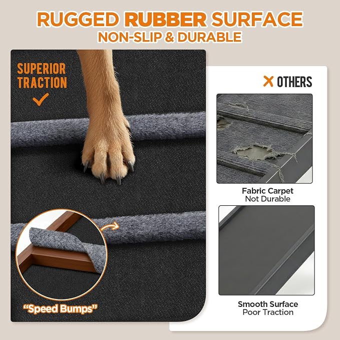 Dog Ramp for Bed, Extra Wide 17", Non-Slip Rubber Surface, Adjustable Folding Pet Ramps for Small & Large Dogs up to 200lbs, Walnut Wood Stairs for Old Dachshund/Labrador to Get on High Couch or Car