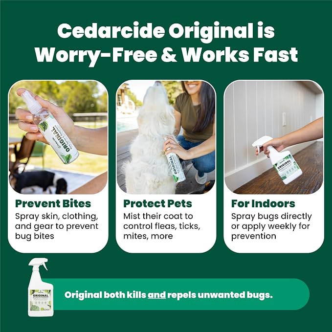 Cedarcide Original Bug Spray | Repel & Kill Fleas, Ticks, Mosquitoes, Mites, Ants & Chiggers | Natural Cedar Oil | Eco-Friendly | Pint (16 Oz.)