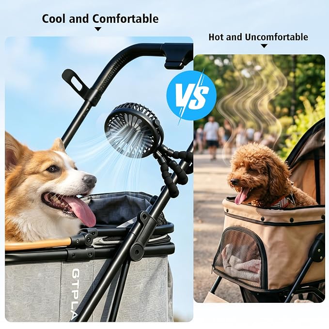 GTPLAYER Pet Stroller Fan, Portable Rechargeable Clip-On Fan with LED Light, Quiet 3-Speed Cooling Fan for Dogs & Cats, Black