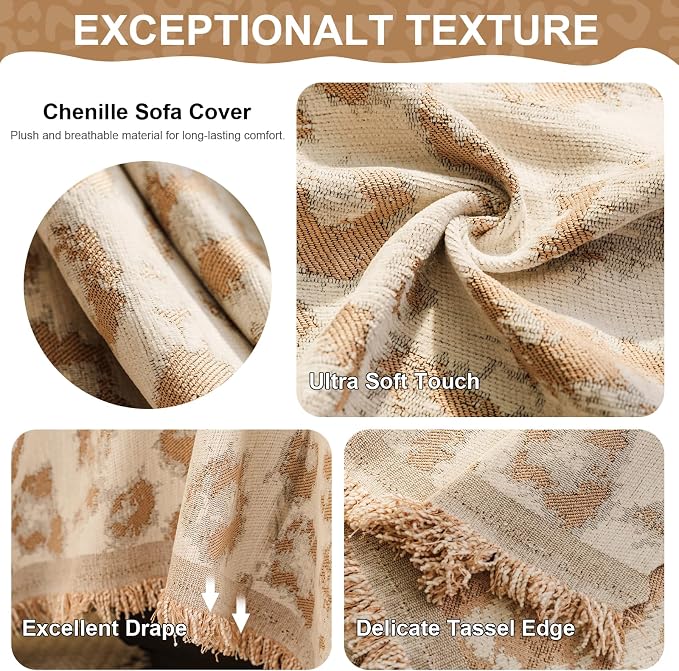 VClife Bohemian Leopard Couch Cover Furniture Protector, Washable Non Slip Sofa Cover for L Shape, Anti-Pilling Couch Covers for 3-4 Cushion Couch Sofa Dog Cat Sofa Throw Cover, Khaki, 71''x150''