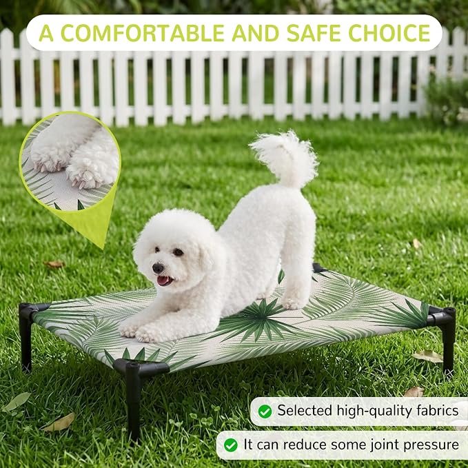 Outdoor Elevated Dog Bed for Medium Dogs, Summer Leaves Breathable Cooling Raised Dog Cot for Indoor/Outdoor, Rustic Tropical Palm Leaf Plants Branches Waterproof Elevated Pet Beds, M 24 x 20 in