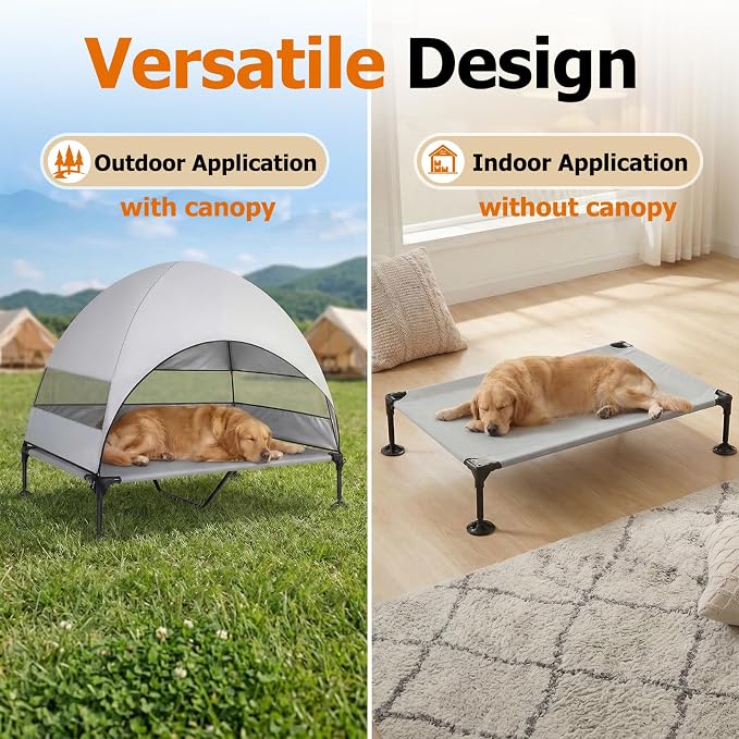 Elevated Dog Bed with UV-Proof Canopy, Outdoor Dog Tent with Powerful Adjustable Feet, Portable Pet Cot with Wider Shade, Raised Cooling Bed for Camping, Patio, Beach, Poolside
