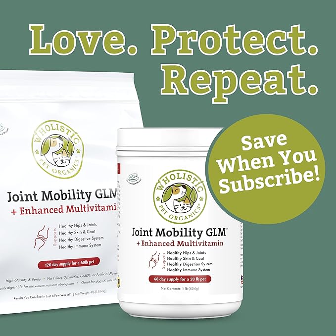 Wholistic Pet Organics - Hip and Joint Supplement for Dogs & Cats - Cat & Dog Joint Supplement - Green Lipped Mussels, Glucosamine, Chondroitin for Dogs & Cat Mobility Support - 2 Lb - 90 Scoops