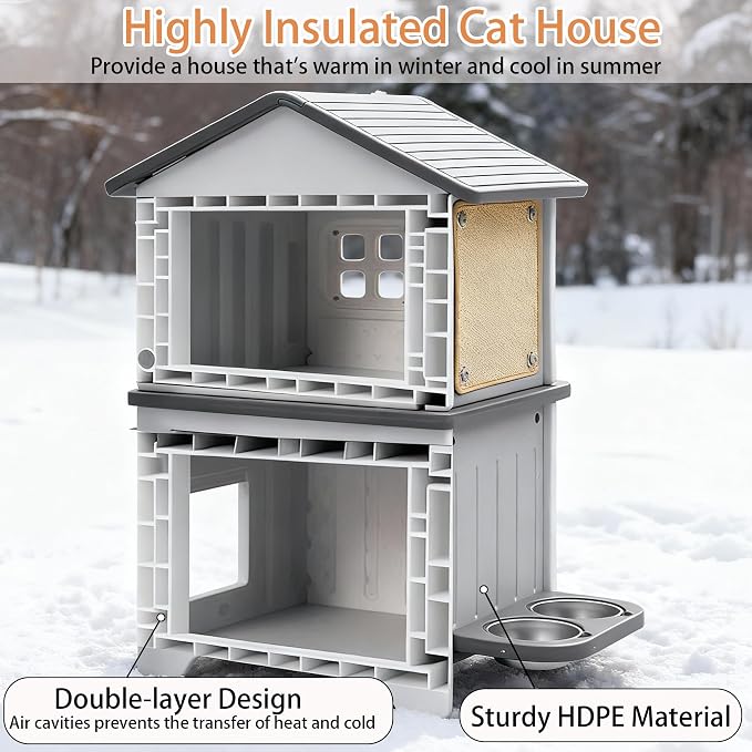 Outdoor Cat House with Liner, 100% Insulated Cat Houses for Winter Outside | 2 Story Waterproof Cat House for Outdoor Cats, Sturdy Cat Bowls & Scratch Pads, Clean Easily
