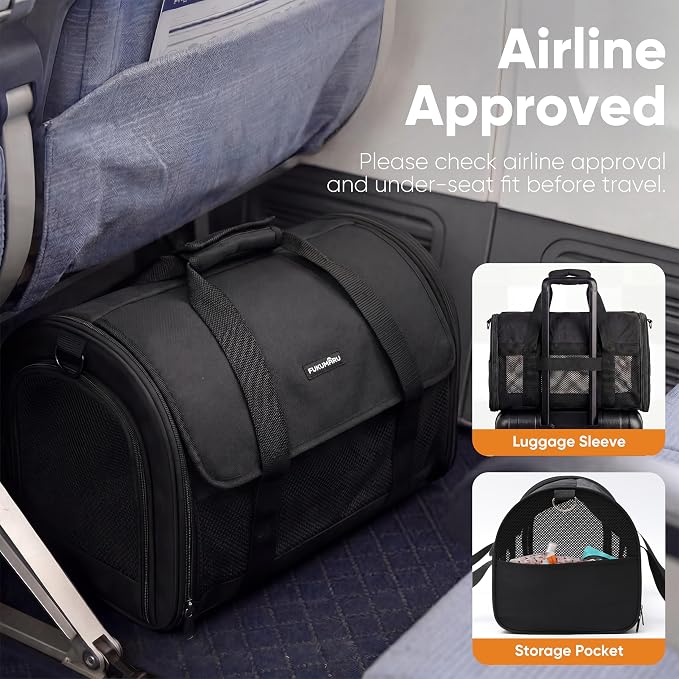 FUKUMARU Cat Carrier, Light & Airy Pet Carrier, 18x11x11 Airline Approved Dog Carrier for Small Dogs, 2-in-1 Shoulder Strap Leash, Collapsible Soft Cat Travel Carrier with Anti-Scratch Mesh, Black