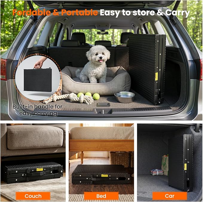 Dog Ramp for Bed,Couch,Car, 5-Level Adjustable Foldable Pet Ramp | With Non-Slip Rubber Surface & Safety Side Rail, Adjustable Height 13"-18.3", For Small & Medium Dogs, Supports Up to 200 lbs