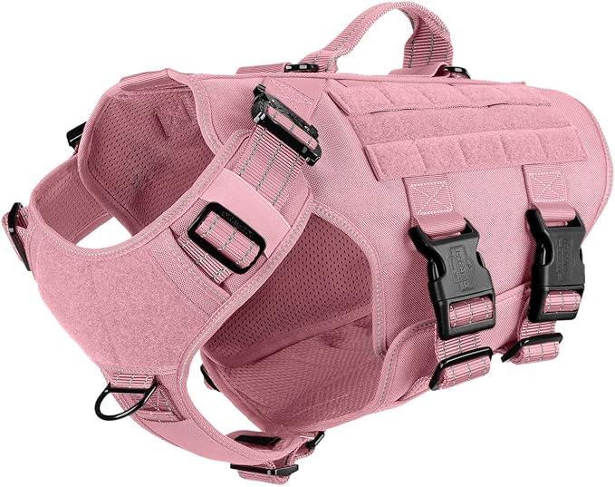 ICEFANG No Pull Tactical Dog Harness for Large Dogs,Adjustable Dog Vest | Control Handle,MOLLE Panel,Front Hook,3 Leash Clips,Soft Padded,for walking training,Pink,Large