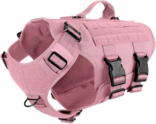 ICEFANG No Pull Tactical Dog Harness for X-Large Dogs,Adjustable Dog Vest | Control Handle,MOLLE Panel,Front Hook,3 Leash Clips,Soft Padded,for walking training,Pink,X-Large