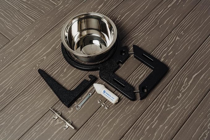 Dock Mounted Dog Bowl & Holder – UV & Rust-Resistant, Marine-Grade, Easy No-Drill Installation, Made in The USA- Fits a 2" Square Post