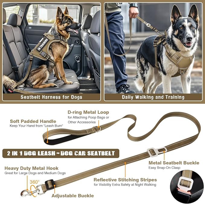Tactical Dog Harness and Leash Set with 10 Patches for Large Dogs | Heavy Duty Adjustable No Pull Service Dog Vest for Large Dogs with Dog Seat Belt,for Training Walking Hiking Brown XL
